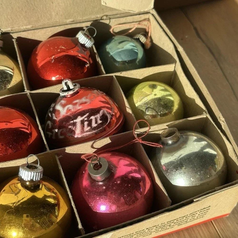 Vintage Shiny Brite Christmas Ornament Box Of 11 Made In USA In Lumi-Lites Box